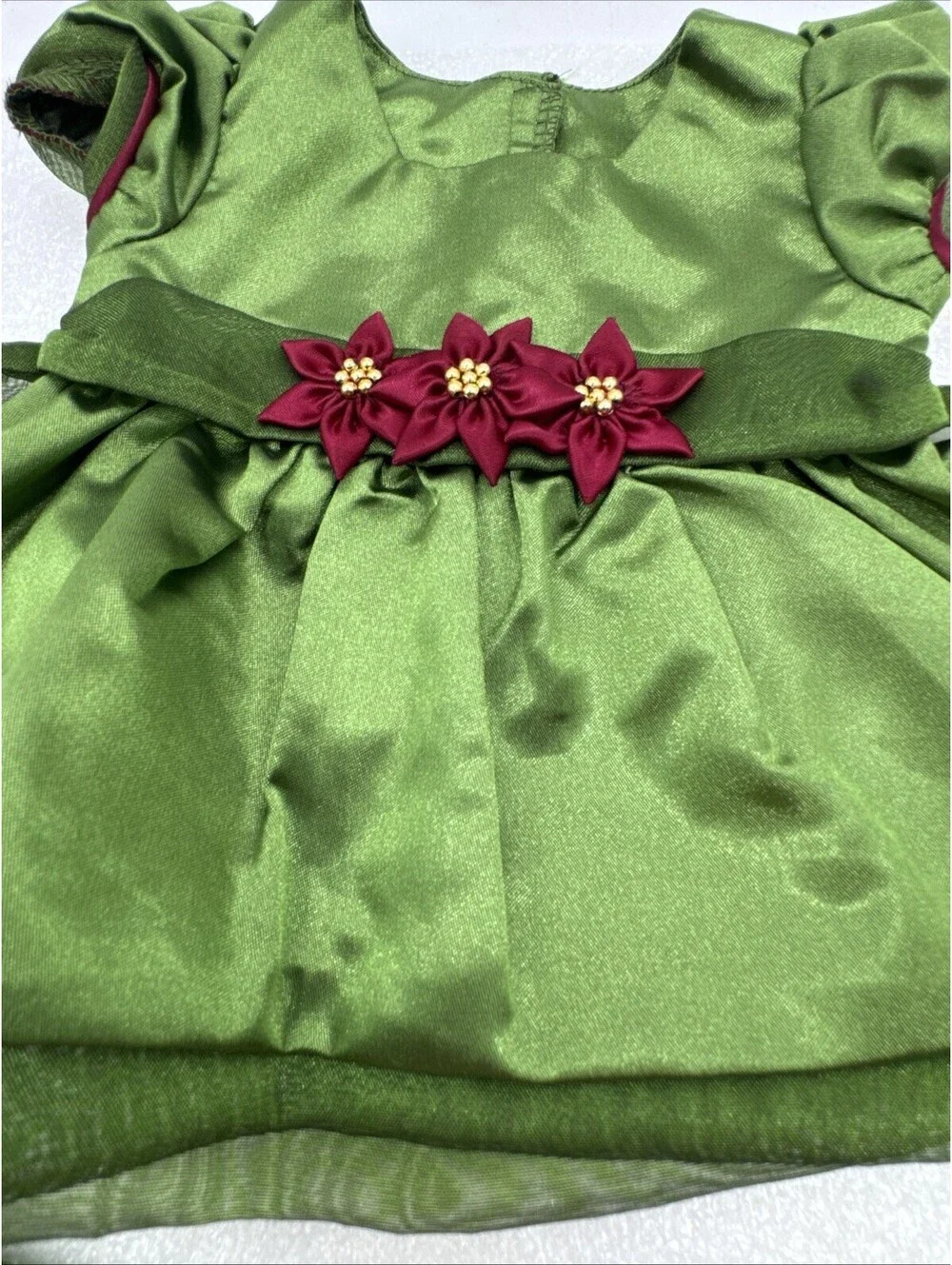 2001 American Girl Bitty Baby Poinsettia Green Dress Book Christmas Set W/Bell